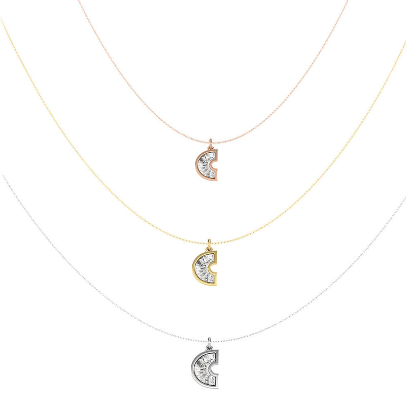 Alphabet 18K Gold, Rosegold or Whitegold Inital C Pendant w. Solitaire Lab-Grown Diamond
