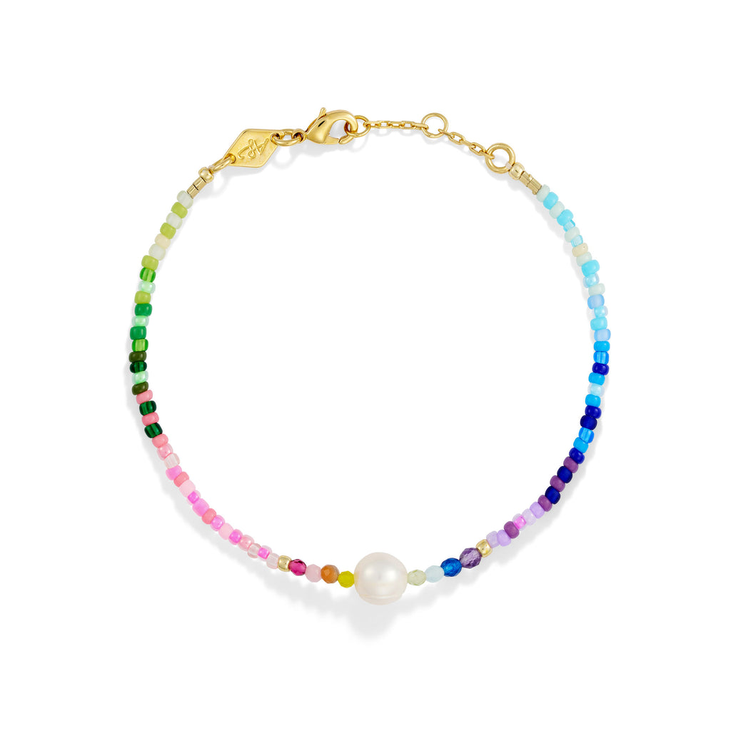 Capri Gold Plated Bracelet w. Mixed Coloured Beads & Freshwater Pearl
