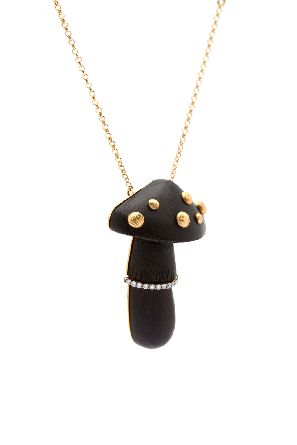 Carved black wood mushroom 18K Gold Necklace