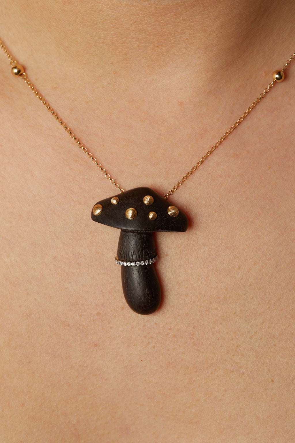 Carved black wood mushroom 18K Gold Necklace