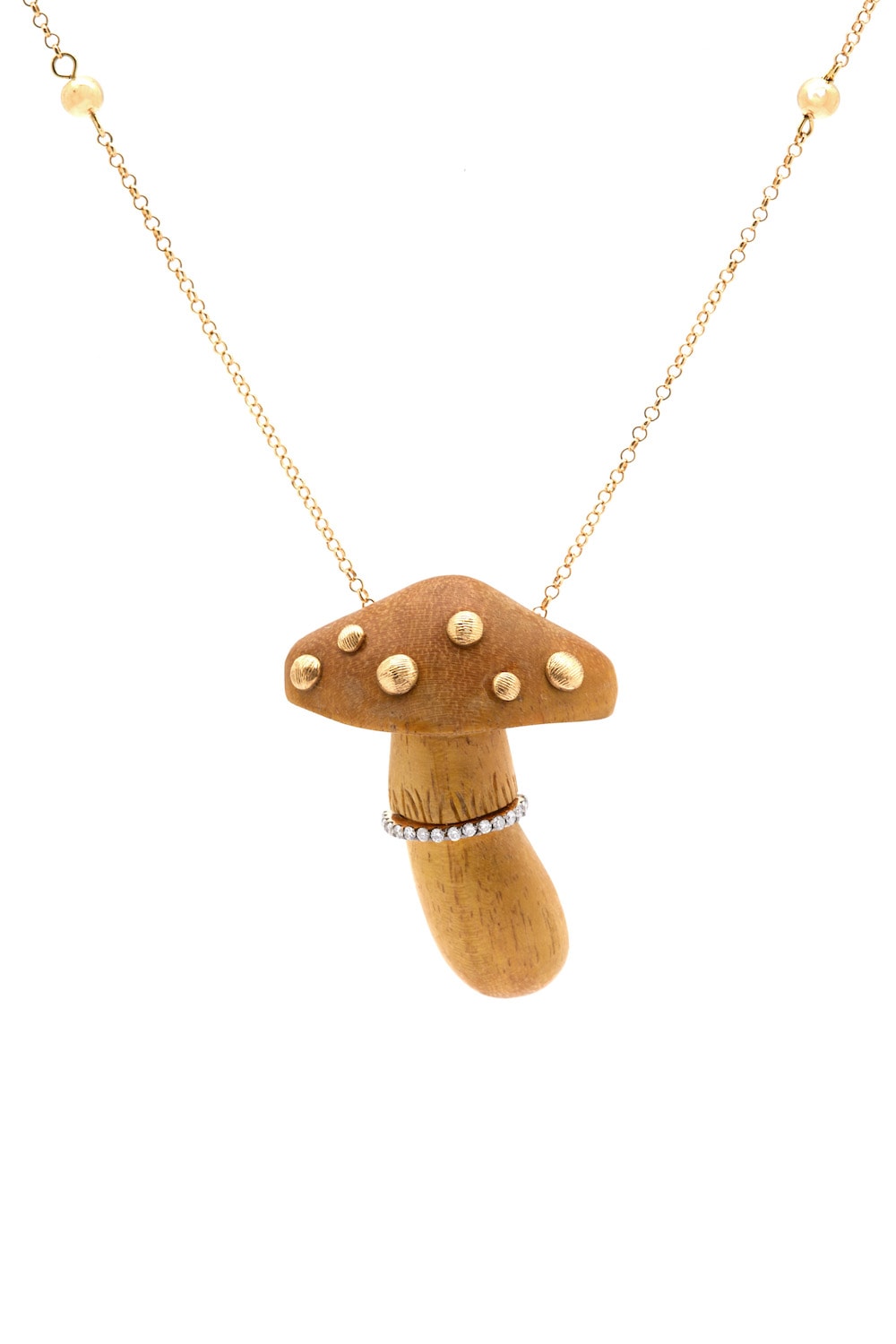 Carved yellow wood mushroom 18K Gold Necklace w. Diamond