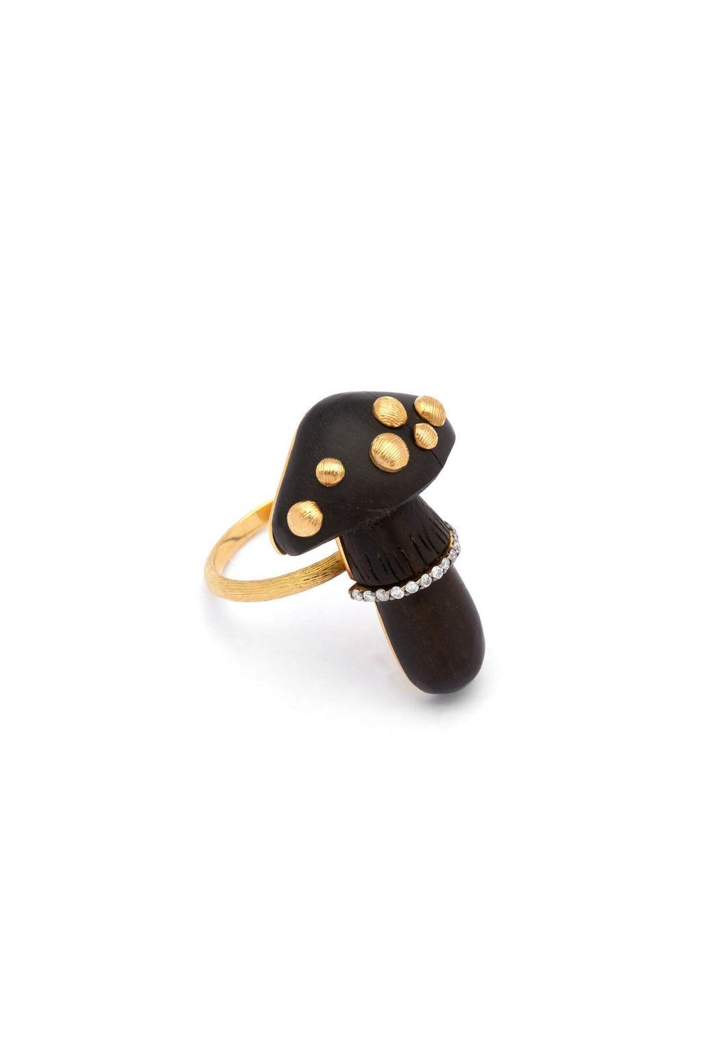 Carved mushroom dark wood 18K Gold Ring w. Diamond