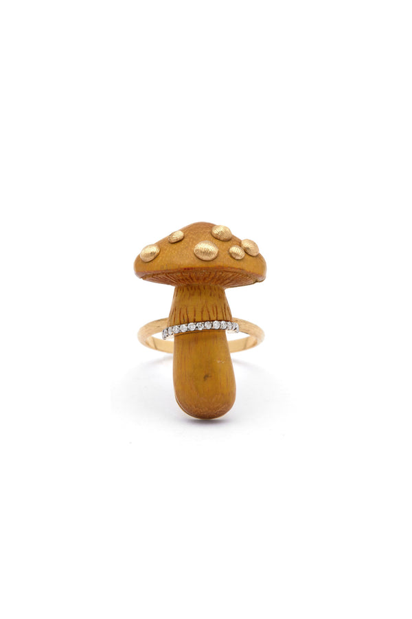 Carved Mushroom Wood 18K Gold Ring w. Diamond