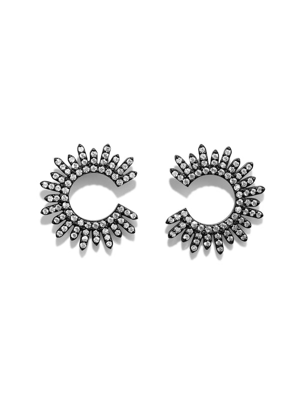 Mini Moon Star Black Silver Earrings w. White Zirconias