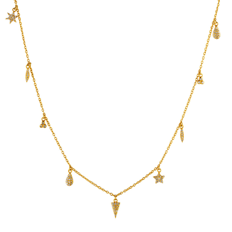 9 Charm Gold Plated Necklace w. Zirconia