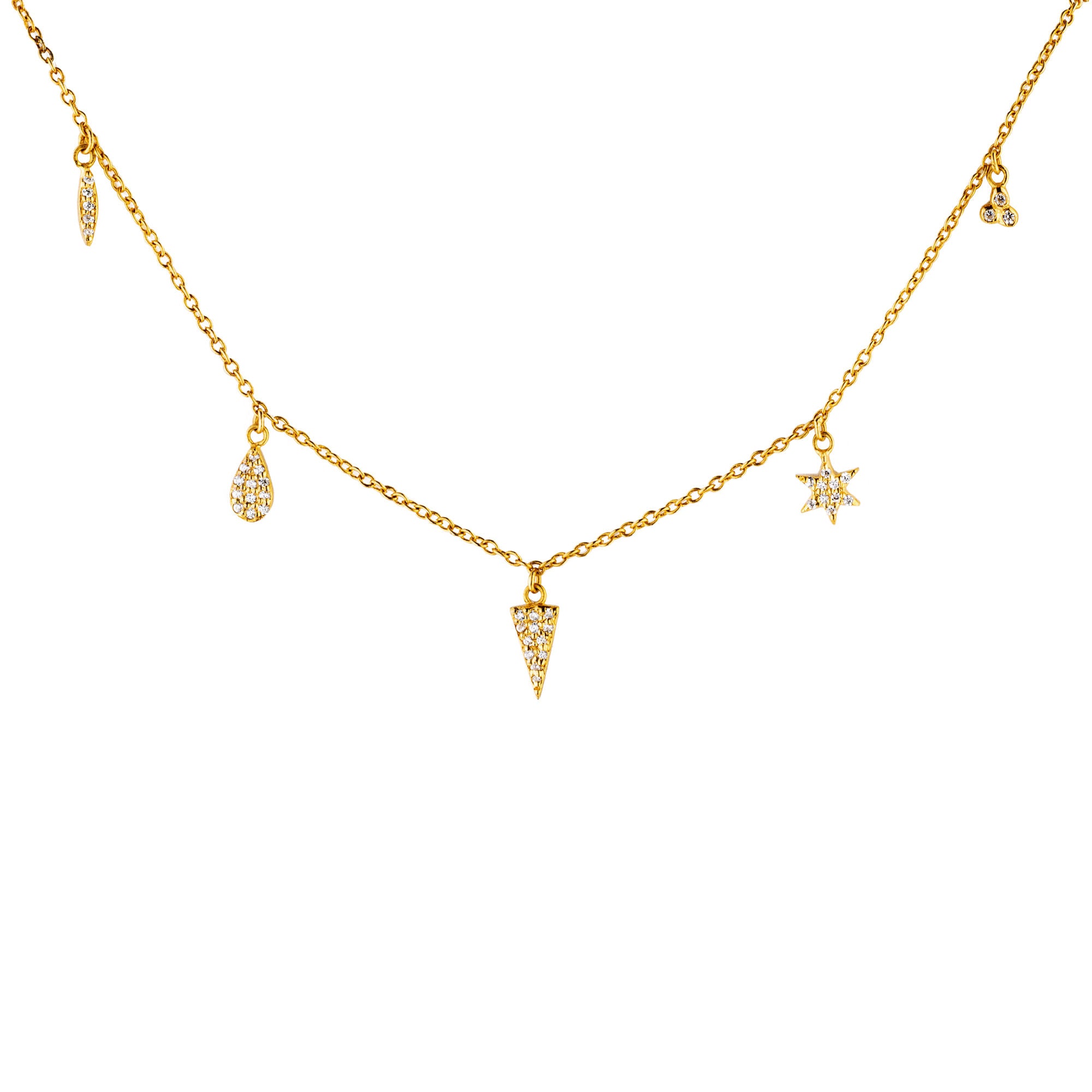 9 Charm Gold Plated Necklace w. Zirconia