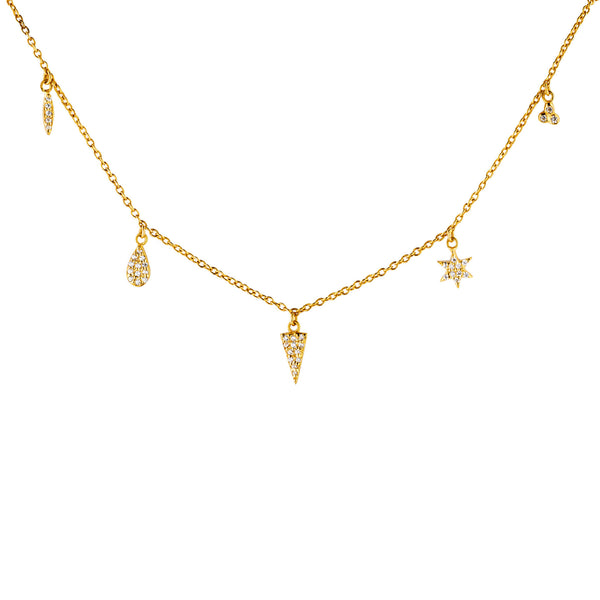 9 Charm Gold Plated Necklace w. Zirconia