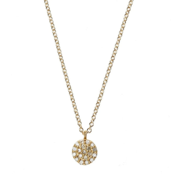 Large Gold Plated Diamond Disc Necklace w. Light Brown Diamonds