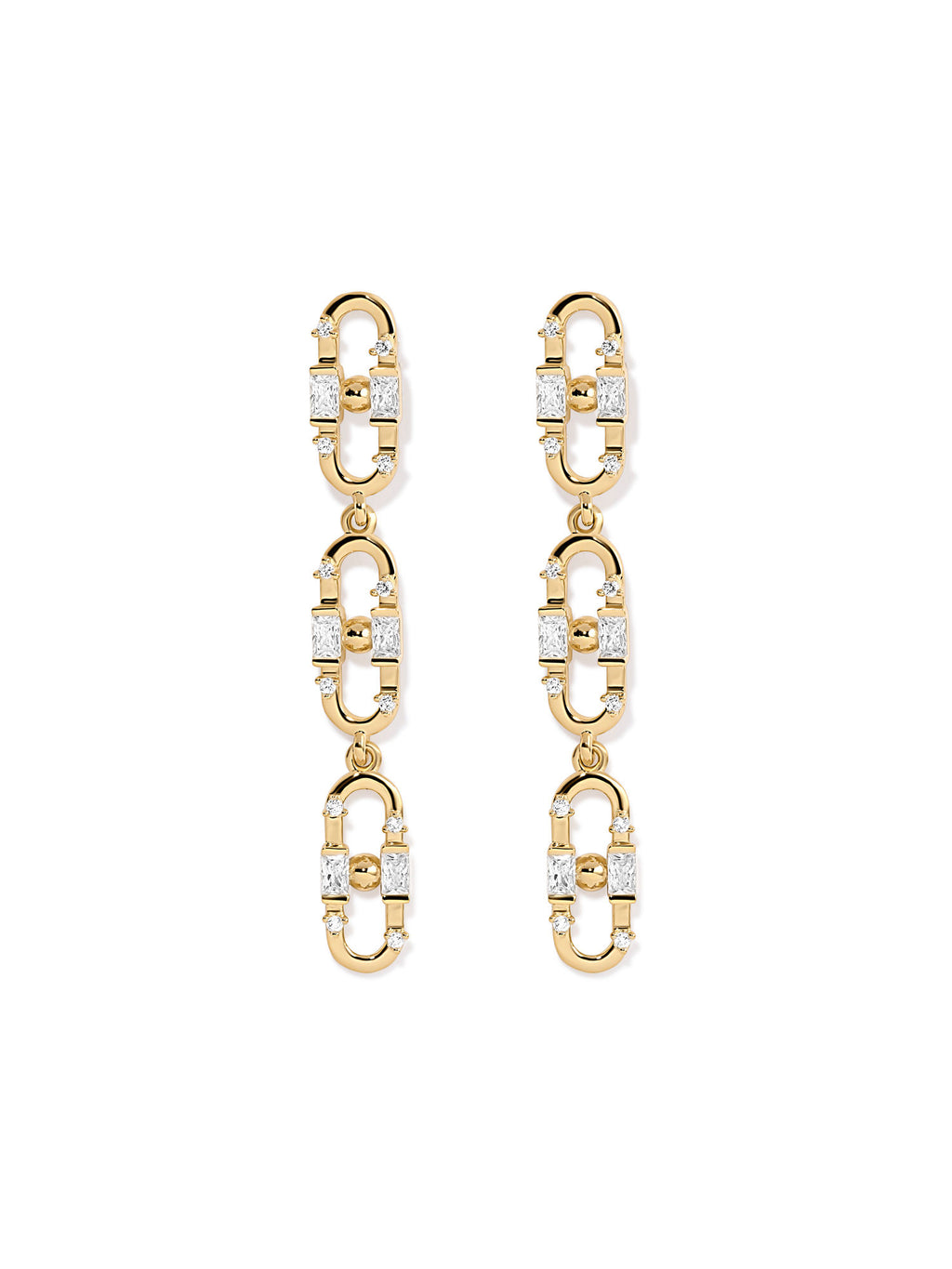 Baguette Paper Clip Gold Plated Earrings w. Zirconia