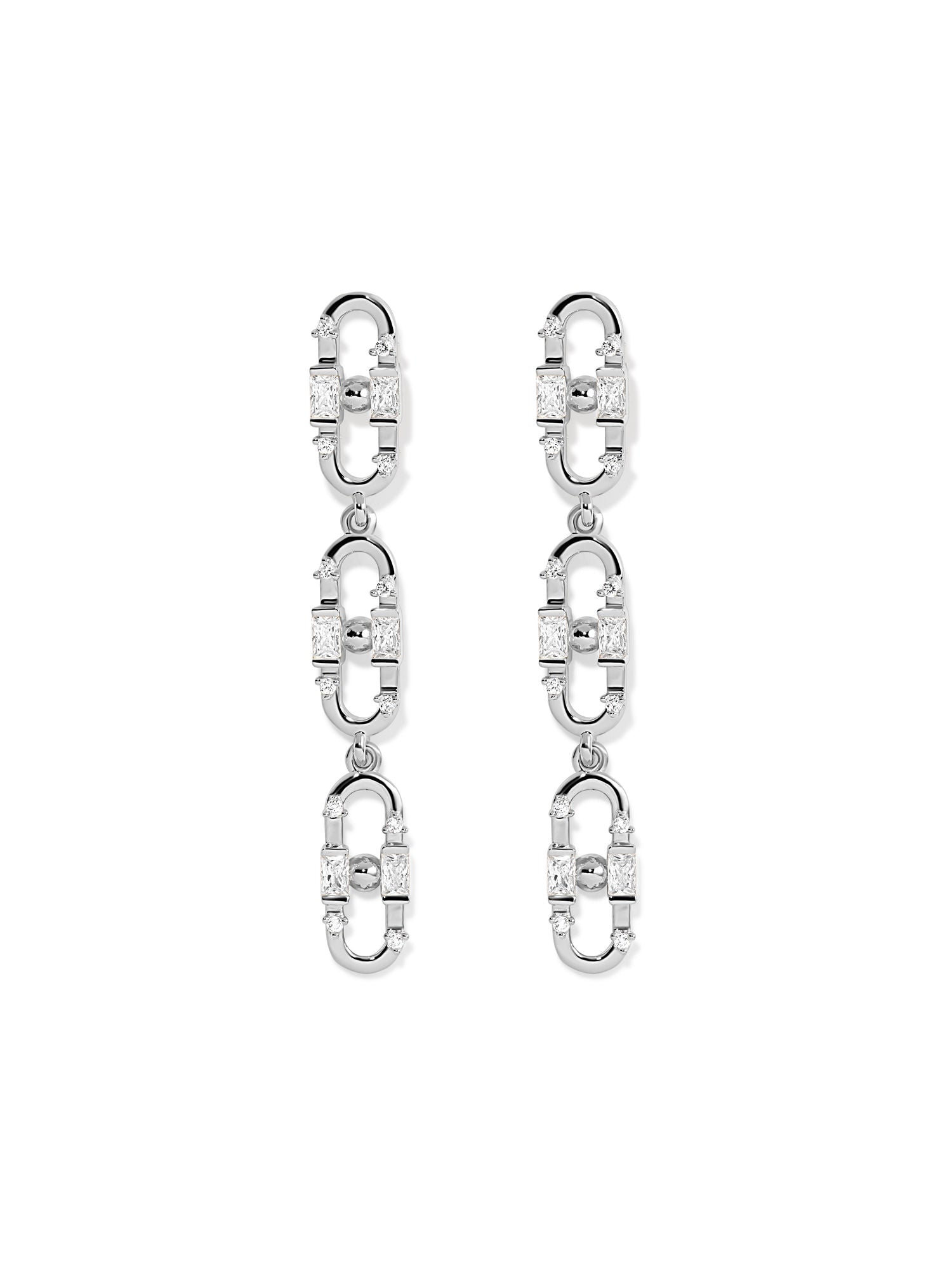 Baguette -Büroklammer weißes Rhodium an silbernen Ohrringen w. Zirkonia