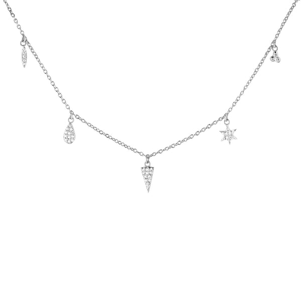 5 Charm White Rhodium on Silver Necklace w. Zirconia