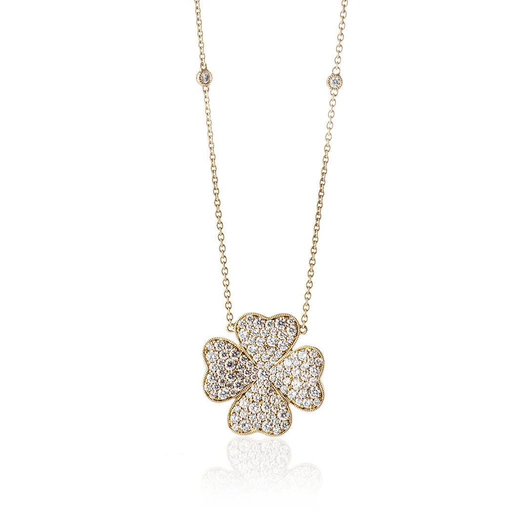 Clover 18K Gold, Rosegold or Whitegold Large Necklace w. Diamonds