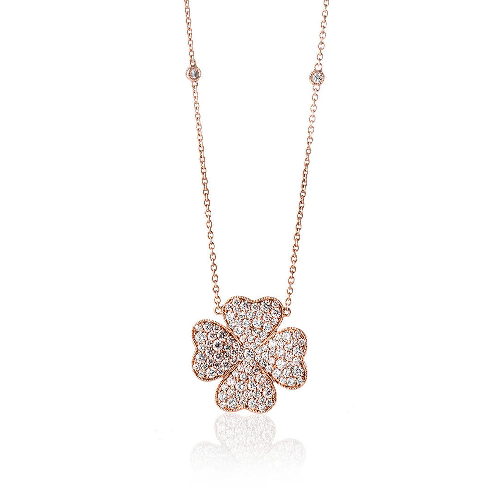 Clover 18K Gold, Rosegold or Whitegold Ring Large Necklace w. Diamonds