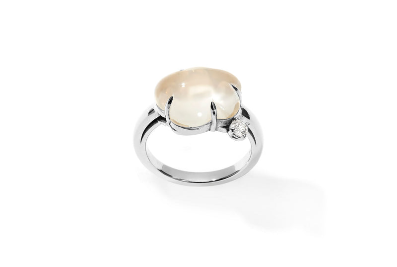 Cloud 18K Hvidguld Ring m. Milky Kvarts & Diamant