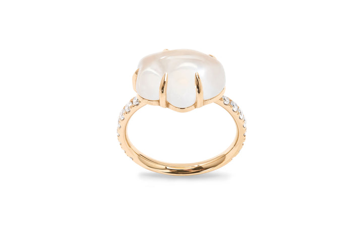 Cloud Pavé 18K Guld Ring m. Milky Kvarts & Diamanter