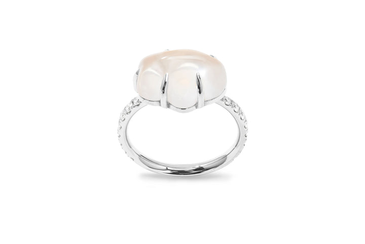 Cloud Pavé 18K Hvidguld Ring m. Milky Kvarts & Diamanter