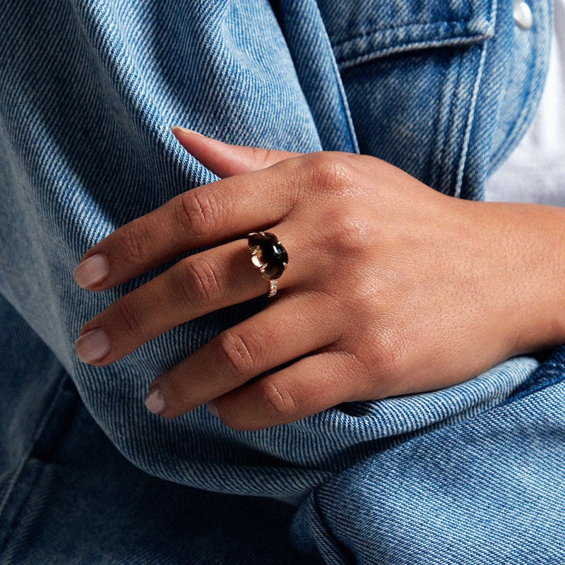 Cloud Pavé 18K Gold Ring w. Smokey Quartz & Diamonds