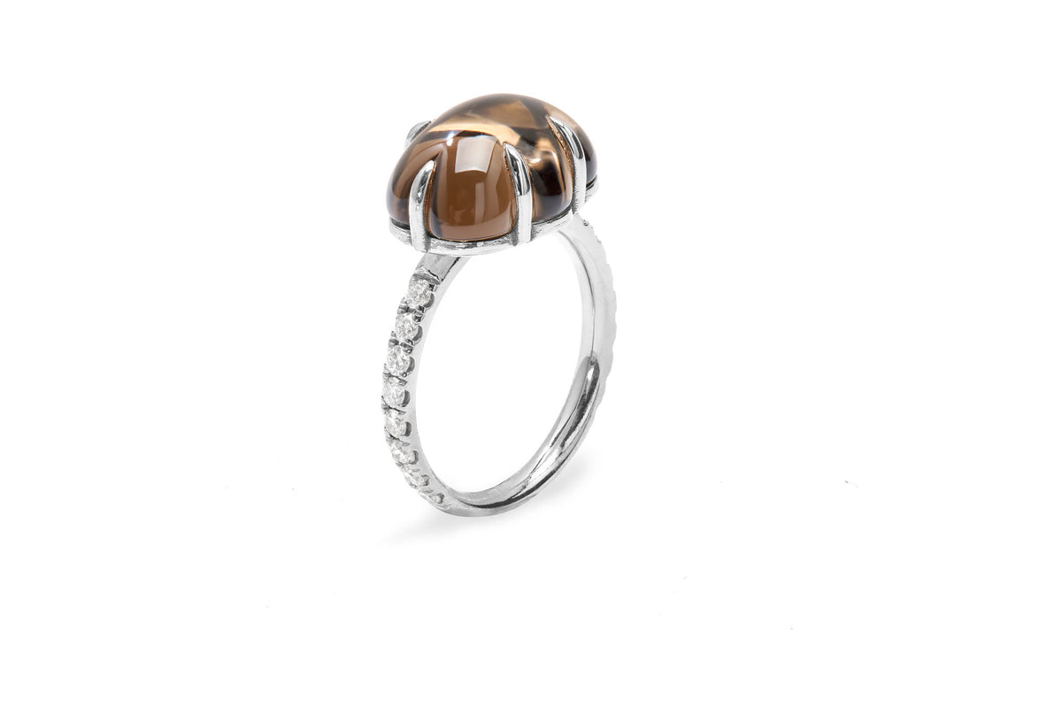 Cloud Pavé 18K Hvidguld Ring m. Smokey Kvarts & Diamanter