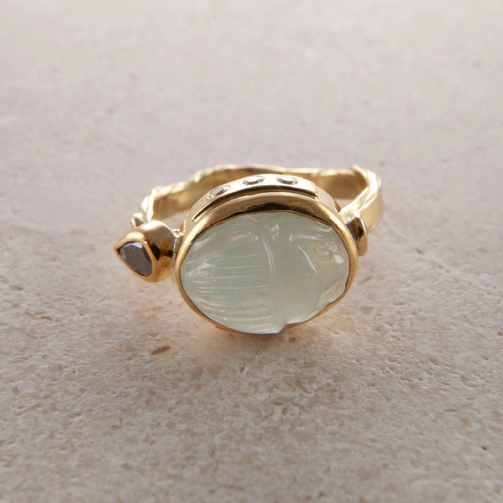 Cocktail 18K & 22K Gold Ring w. Aquamarine & Diamond