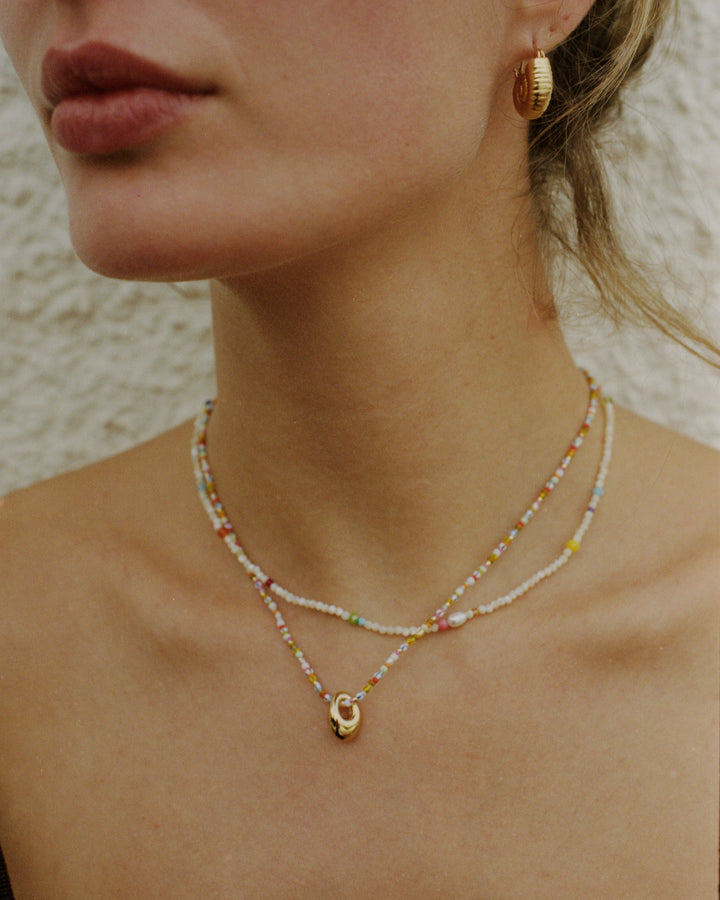 Confetti Gem Gold Plated Necklace w. Mixed Coloured Beads