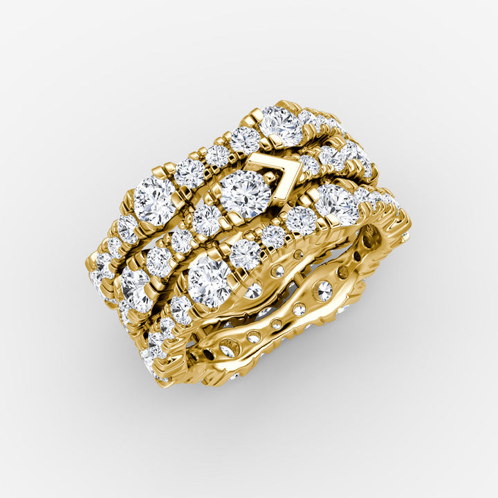 V 3 Row Pavé 14K Gold Ring w. Lab-Grown Diamond