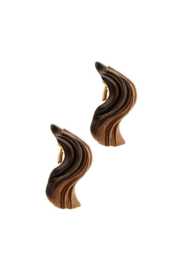 Carving Wavy Wood 18K Gold Earrings