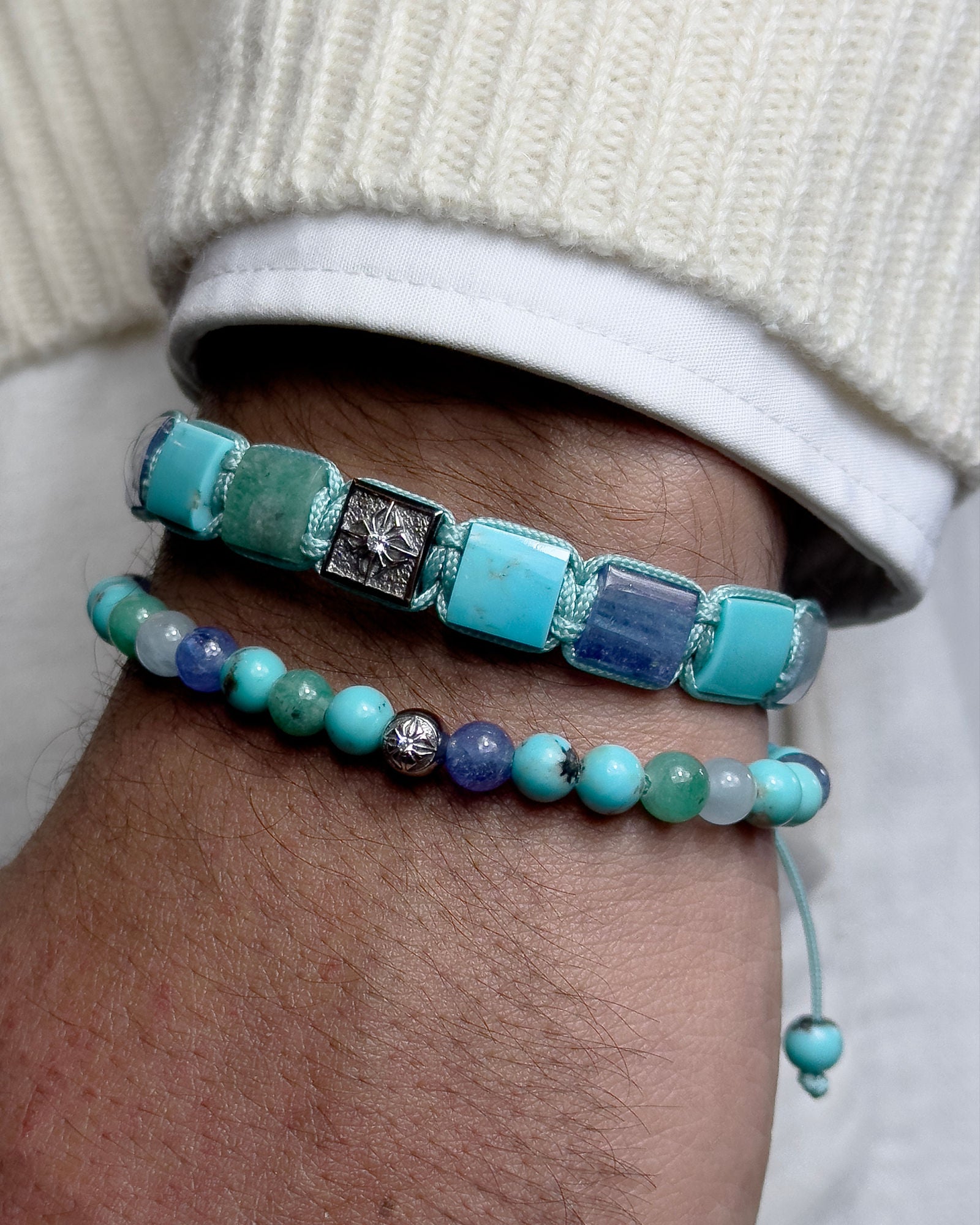 6mm Non-Braided 18K Whitegold Bracelet w. Diamonds, Tanzanite, Emerald & Aquamarine