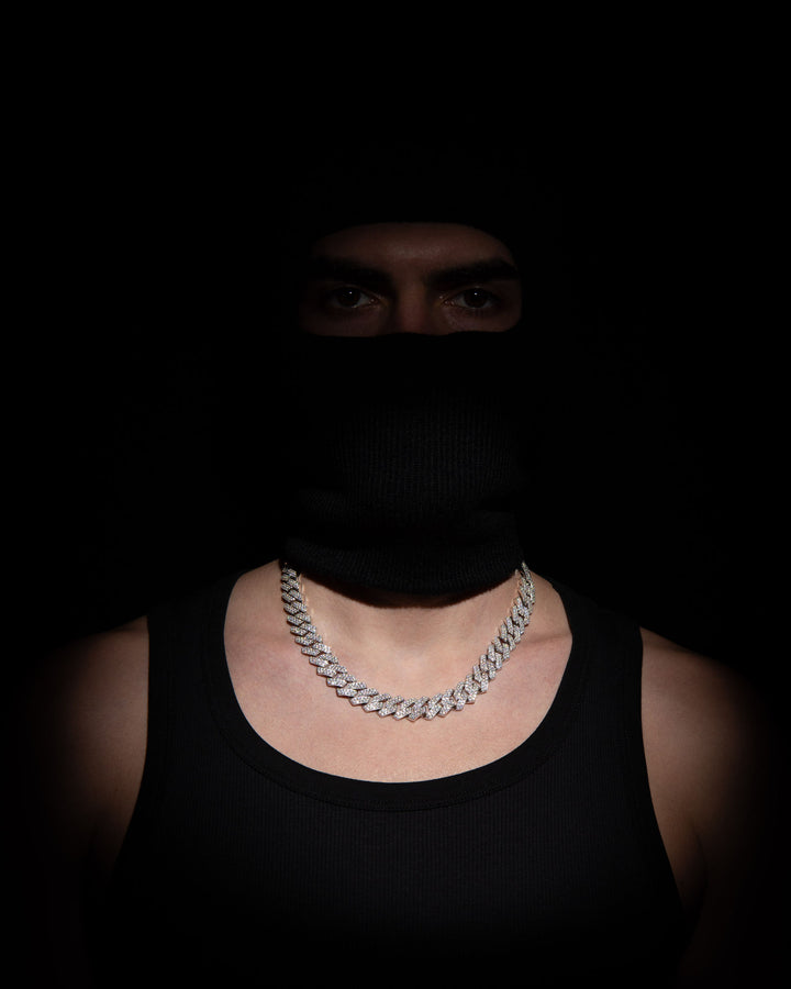 14mm Prong Pavé Rhodium coated Silver Necklace w. Moissanite