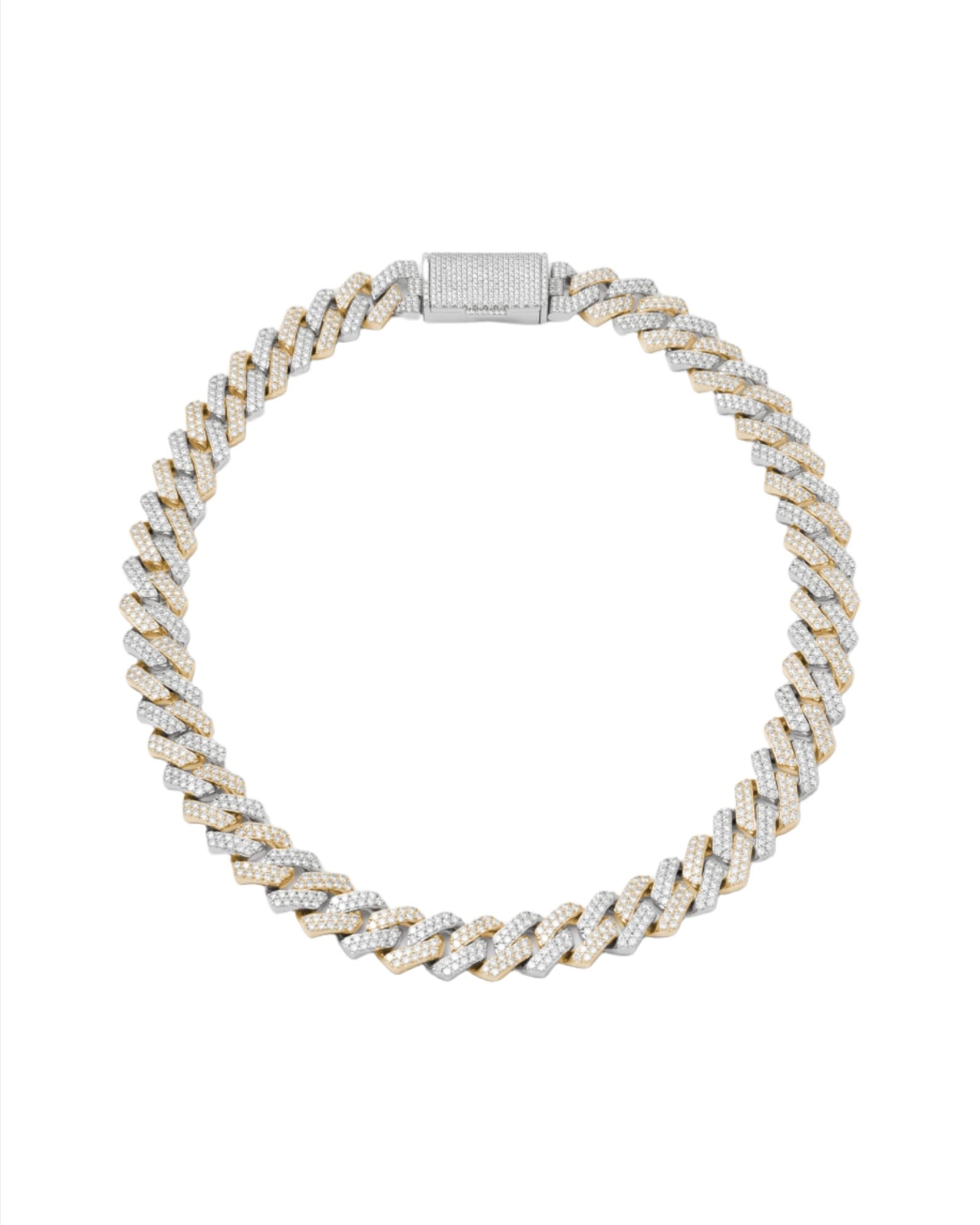 14mm Prong Pavé 18K Yellow Gold & Rhodium coated Silver Necklace w. Moissanite