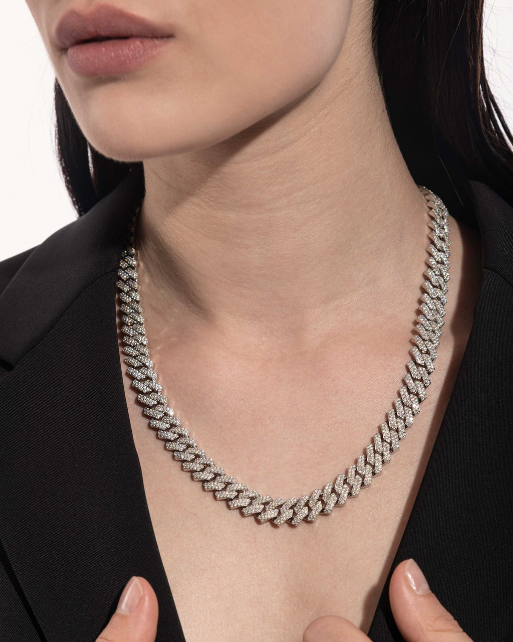 10mm Prong Pavé Rhodium coated Silver Necklace w. Moissanite