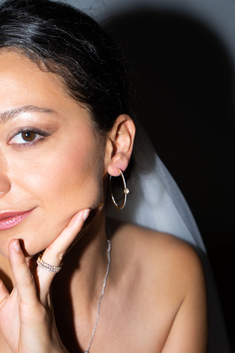 Tiny Cloud 18K Gold Hoops w. Milky Quartz & Diamonds