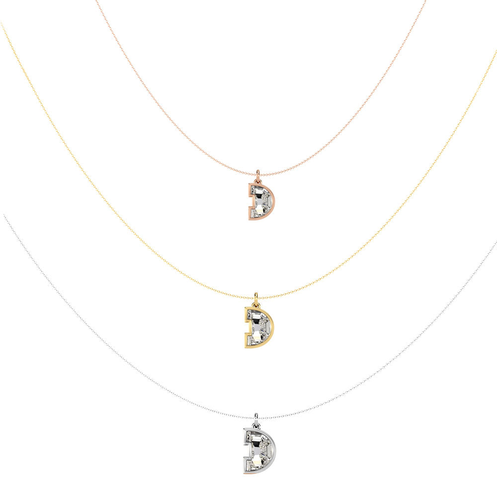 Alphabet 18K Gold, Rosegold or Whitegold Inital D Pendant w. Solitaire Lab-Grown Diamond