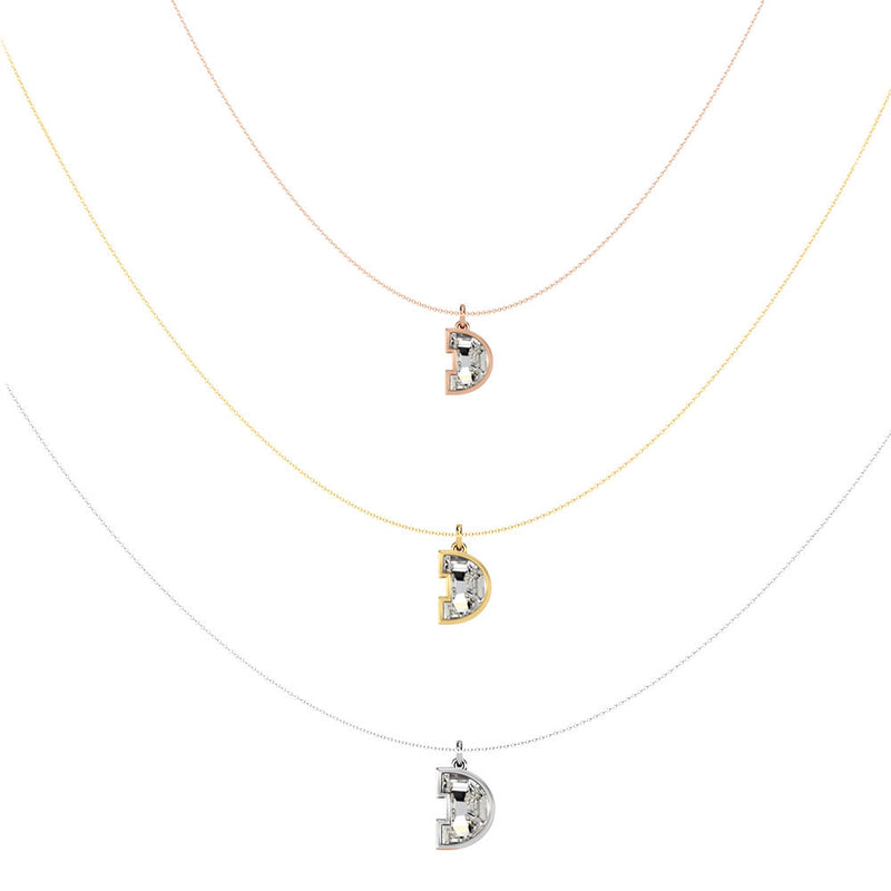 Alphabet 18K Gold, Rosegold or Whitegold Inital D Pendant w. Solitaire Lab-Grown Diamond