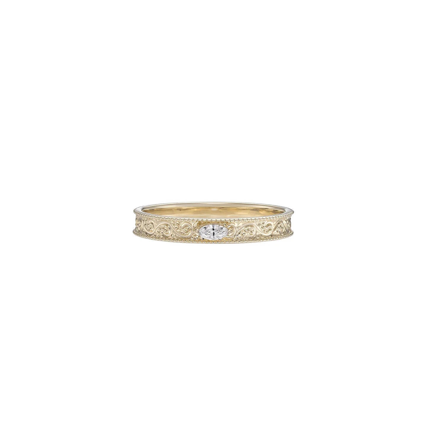 Dala Narrow Diamond Engraved Band 9K Gold Ring w. Diamond
