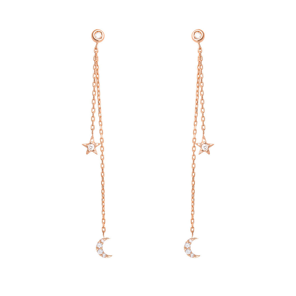 Dancing Celestial Duo 18K Rose Gold Earring w. Diamonds