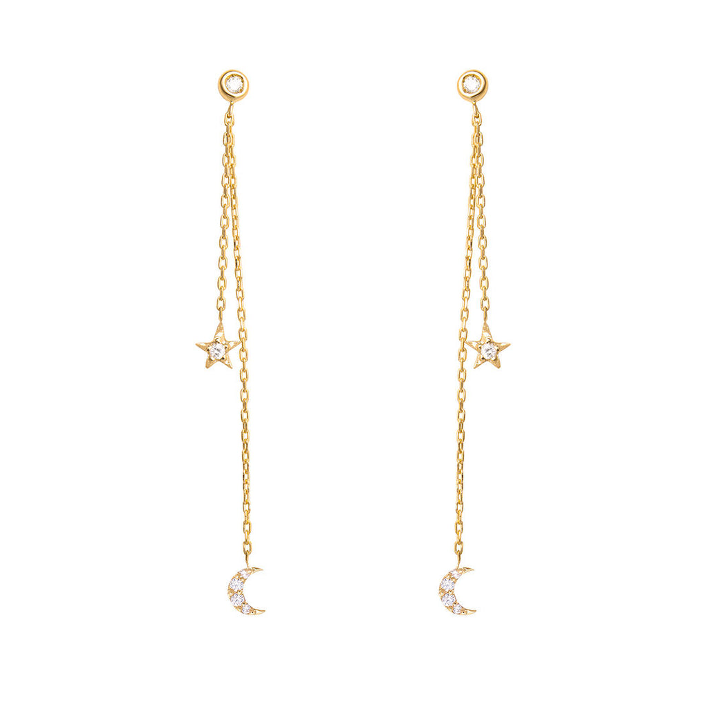 Dancing Celestial Duo 18K Gold Earring w. Diamonds