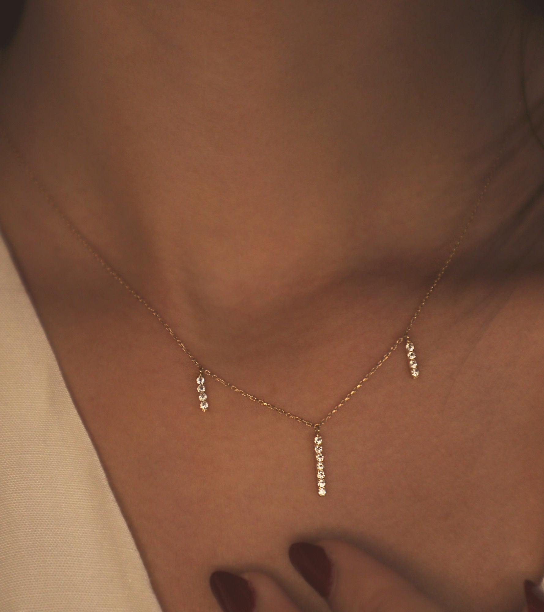 Dangling Bar 18K Rose Gold Necklace w. Diamonds