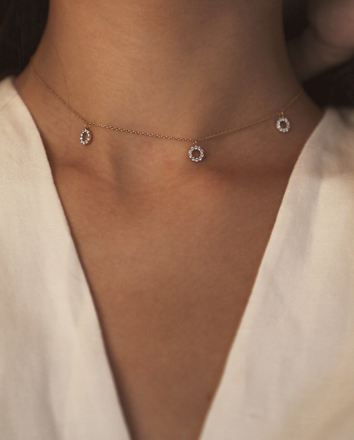 Dangling Round 18K Rose Gold Necklace w. Diamonds