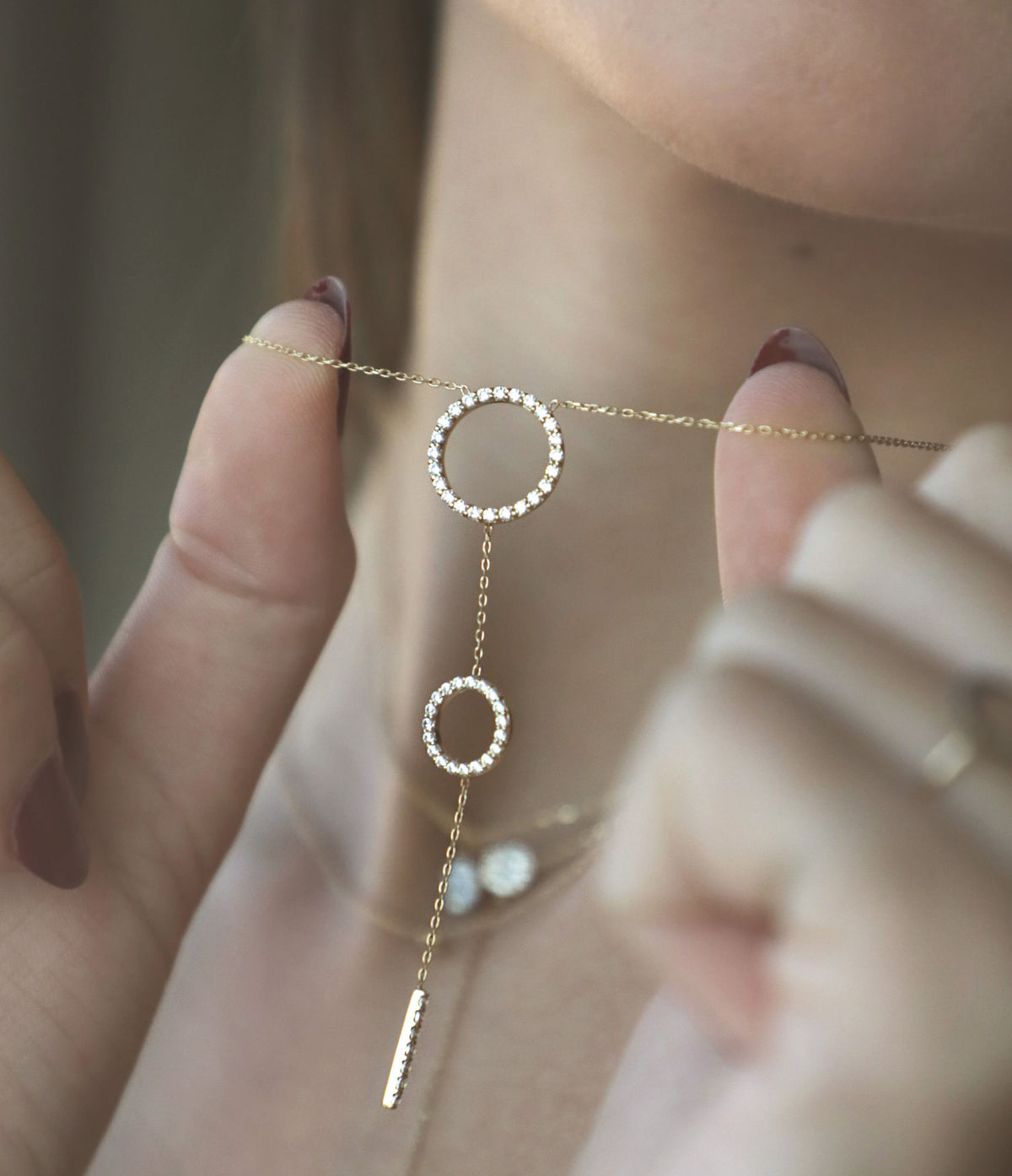 Double Hoops 18K Gold Necklace w. Diamonds