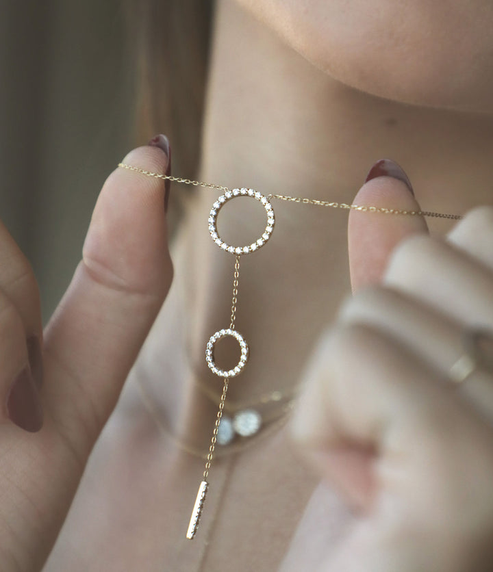 Double Hoops 18K White Gold Necklace w. Diamonds