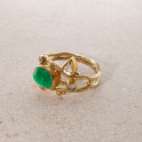 Double Seafire 18K & 22K Gold Ring w. Emerald & Diamonds