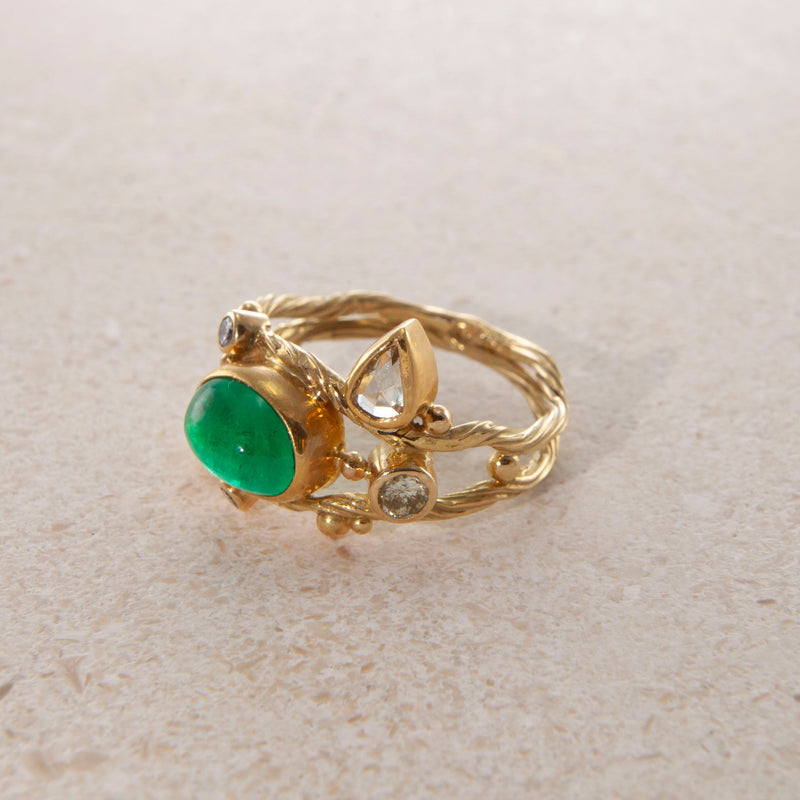 Double Seafire 18K & 22K Gold Ring w. Emerald & Diamonds