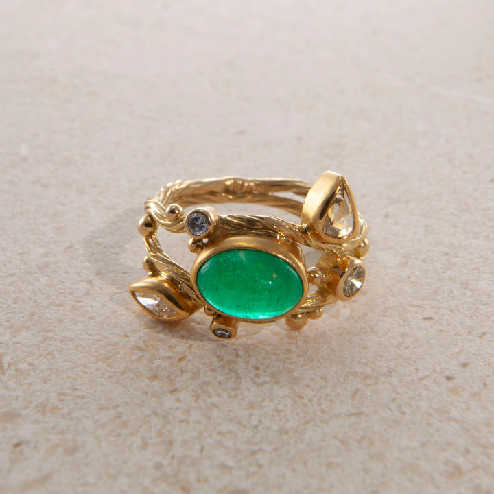 Double Seafire 18K & 22K Gold Ring w. Emerald & Diamonds