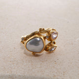 Double Seafire 18K & 22K Gold Ring w. Pearl, Morganite & Diamond