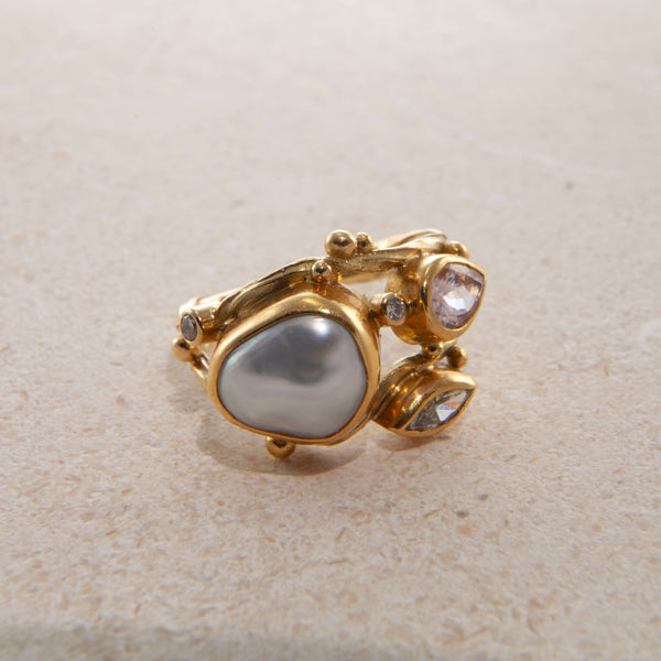 Double Seafire 18K & 22K Gold Ring w. Pearl, Morganite & Diamond