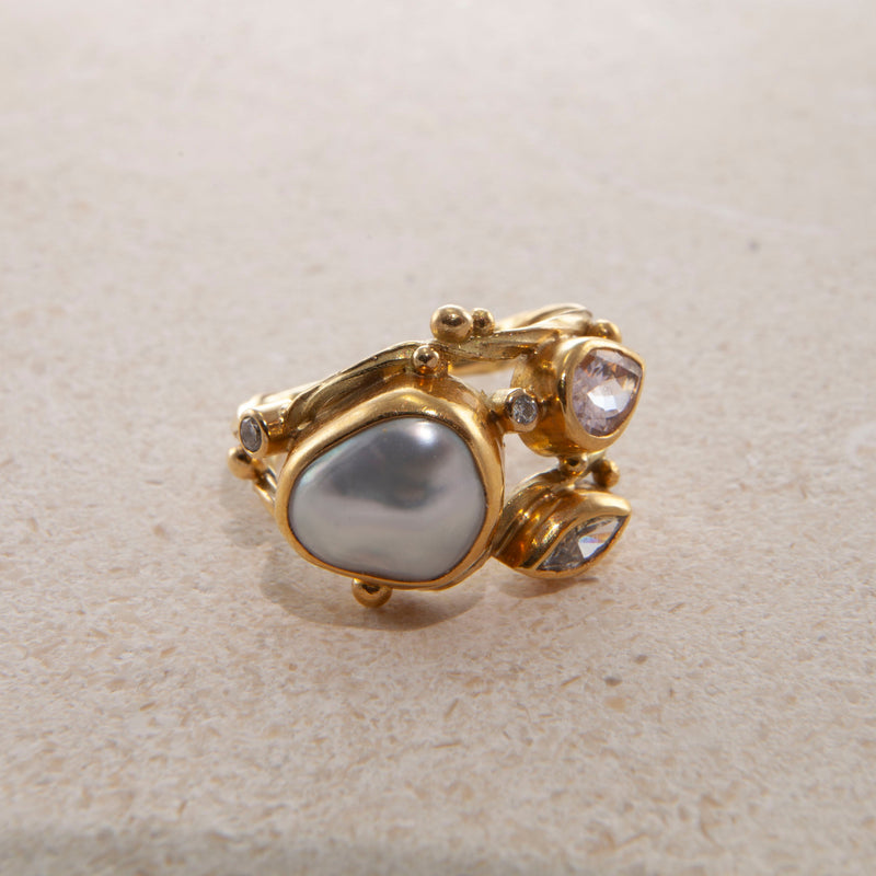 Double Seafire 18K & 22K Gold Ring w. Pearl, Morganite & Diamond