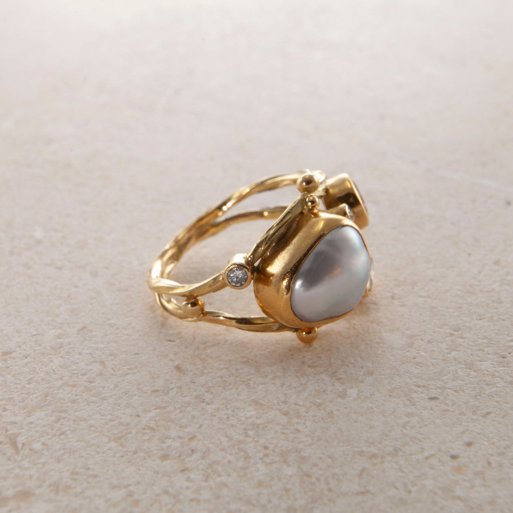 Double Seafire 18K & 22K Gold Ring w. Pearl, Morganite & Diamond