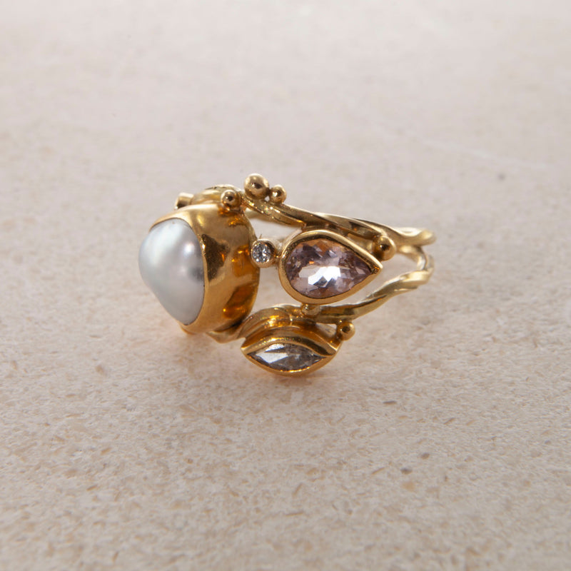 Double Seafire 18K & 22K Gold Ring w. Pearl, Morganite & Diamond