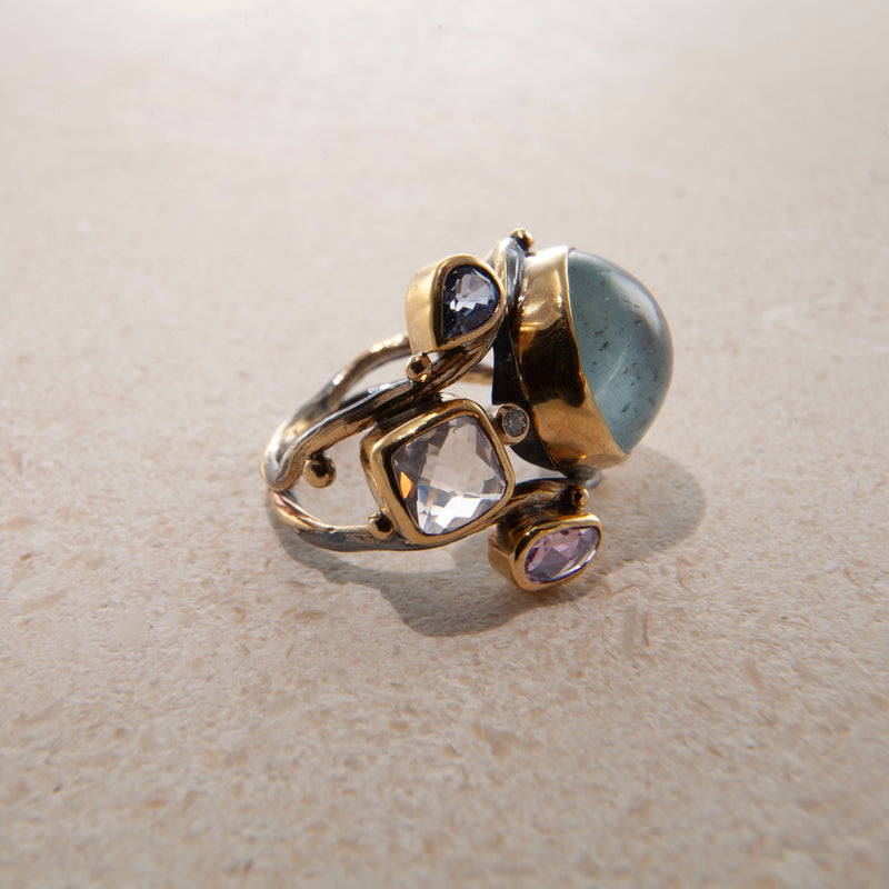 Double Seafire 18K, 22K & 24K Gold & Silver Ring w. Gemstones