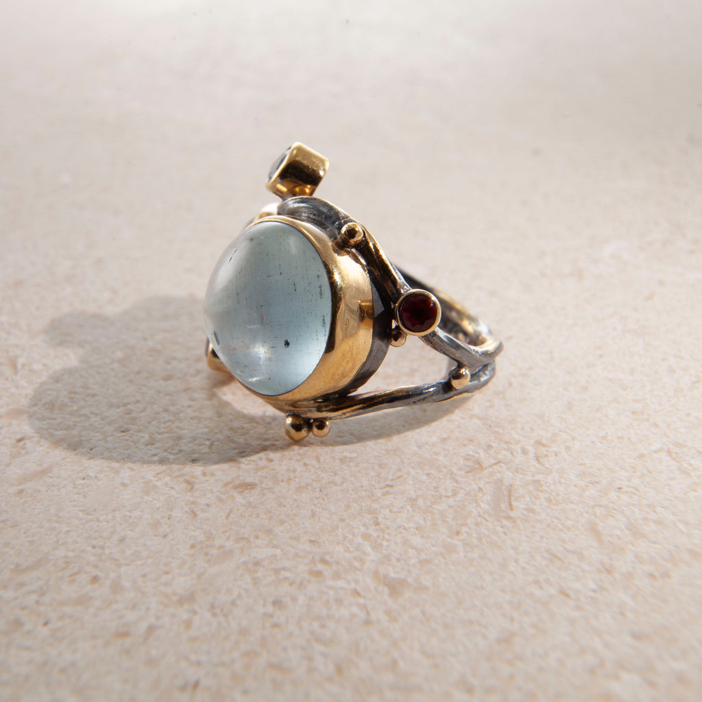 Double Seafire 18K, 22K & 24K Gold & Silver Ring w. Gemstones